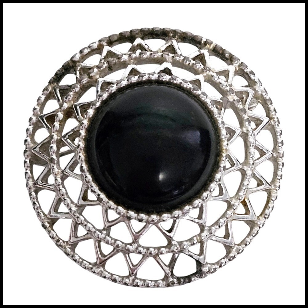 Sarah Coventry Vintage Brooch Pin Black Cabochon Round Silver Tone Costume